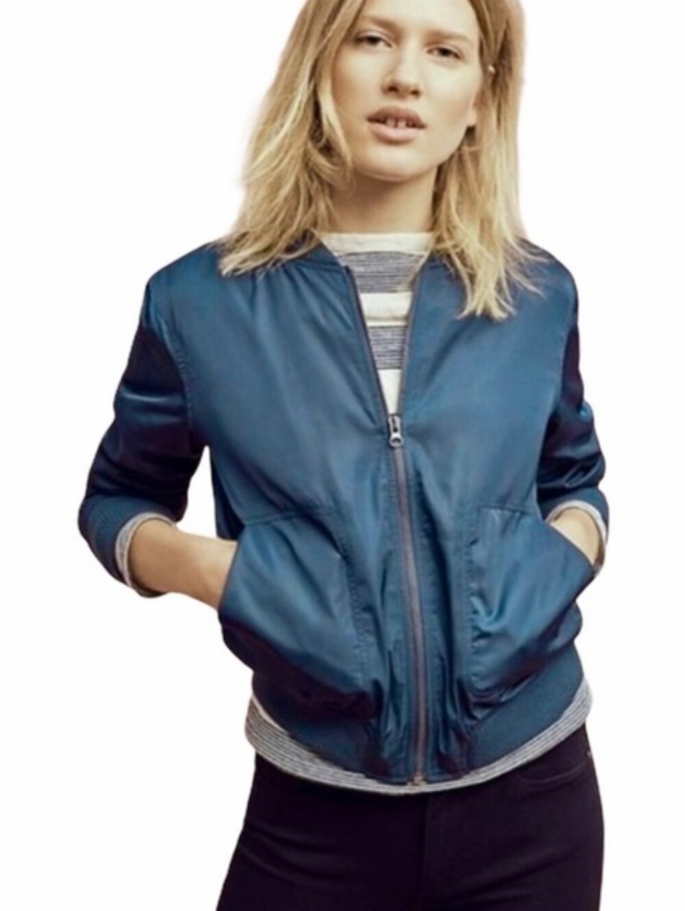 Hei Hei Anthro Teal Journey Satin Bomber Jacket Xs